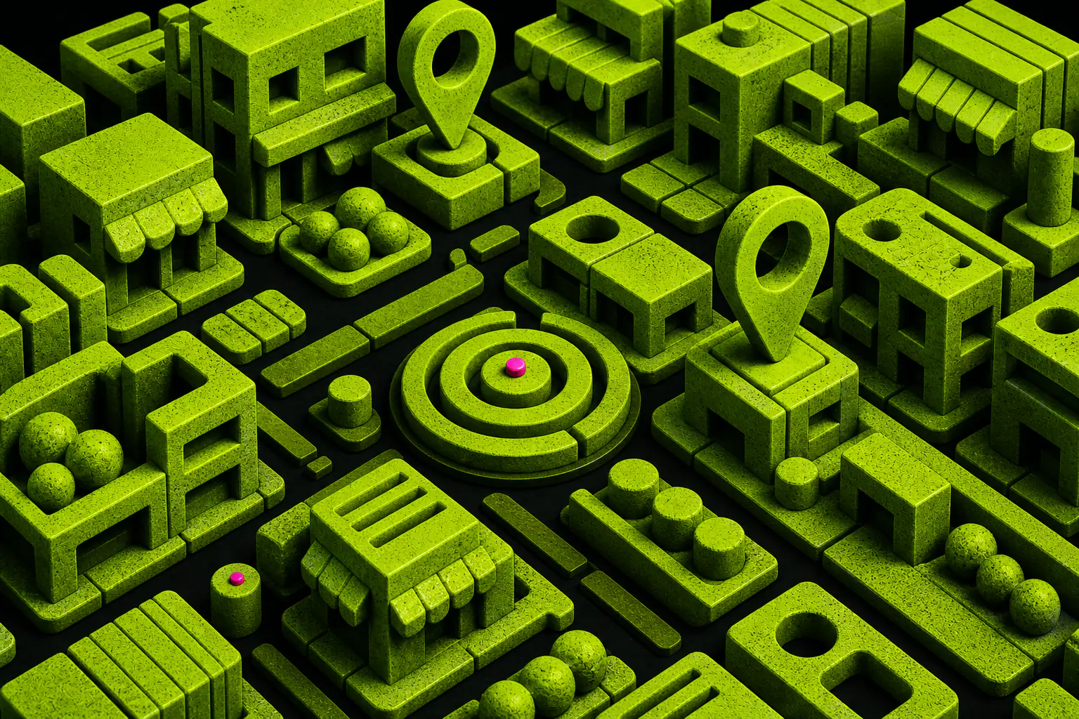 Griglia modulare di quartiere verde acido con un impulso rosa di localizzazione